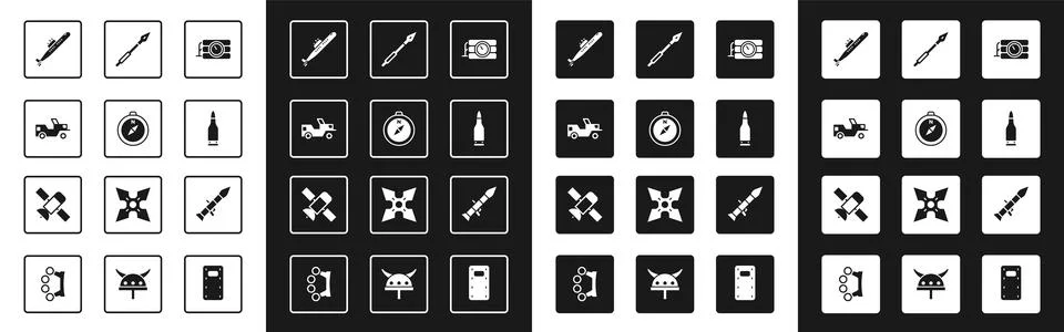 Set Dynamite and timer clock, Compass, Military jeep, Submarine, Bullet, Me.. Stock Illustration