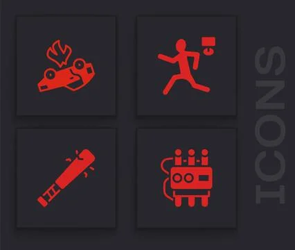 Set Dynamite and timer clock, Burning car, Murder and Baseball bat with nai.. Stock Illustration