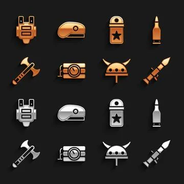 Set Dynamite and timer clock, Bullet, Rocket launcher, Viking in horned hel.. Illustrazione stock