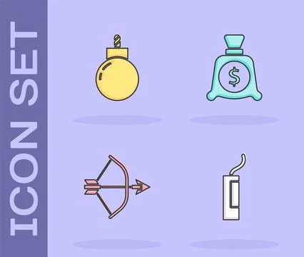 Set Dynamite bomb, Bomb ready to explode, Bow and arrow in quiver and Money bag Stock Illustration