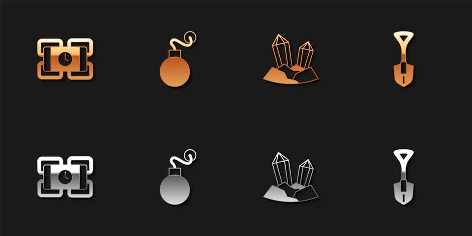 Set Dynamite, Bomb, Gem stone and Shovel icon. Vector Illustrazione stock