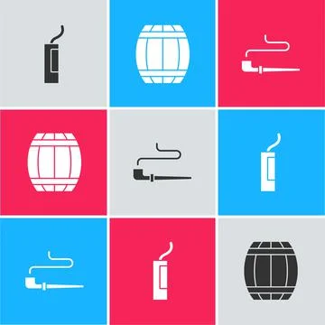 Set Dynamite bomb, Gun powder barrel and Smoking pipe icon. Vector Stock Illustration