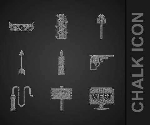 Set Dynamite bomb, Road traffic signpost, Pointer to wild west, Revolver gun Illustration