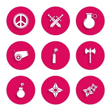 Set Dynamite bomb stick clock, Japanese ninja shuriken, Medieval axe, Bomb ready 스톡 일러스트