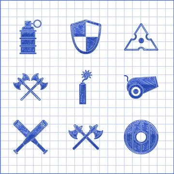 Set Dynamite bomb stick clock, Crossed medieval axes, Round wooden shield, .. Stock Illustration