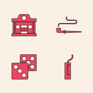 Set Dynamite bomb, Wild west saloon, Smoking pipe and Game dice icon. Vector Illustrazione stock