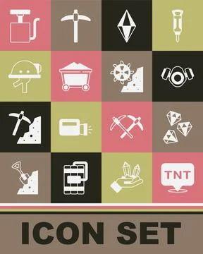 Set Dynamite, Gem stone, Gas mask, Mine coal trolley, Miner helmet, Handle Illustration