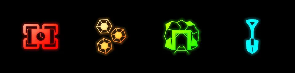 Set Dynamite, Gem stone, Mine entrance and Shovel icon. Vector Stock Illustration