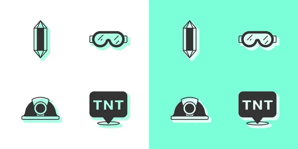 Set Dynamite, Gem stone, Miner helmet and Safety goggle glasses icon. Vector Stock Illustration