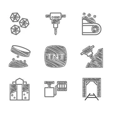 Set Dynamite, Handle detonator, Mine entrance, Construction jackhammer, Giant Illustration