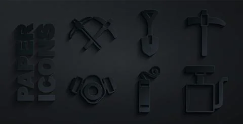 Set Dynamite, Pickaxe, Gas mask, Handle detonator, Shovel and icon. Vector Illustrazione stock