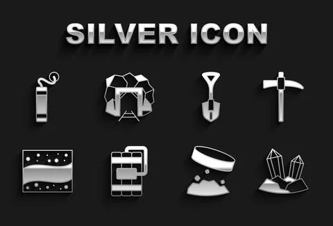 Set Dynamite, Pickaxe, Gem stone, Giant magnet holding iron dust, Gold mine 스톡 일러스트