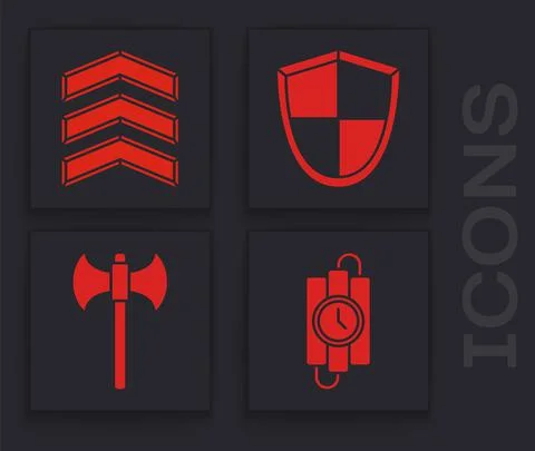 Set dynamite stick and timer clock, Military rank, Shield and Medieval axe icon Stock Illustration