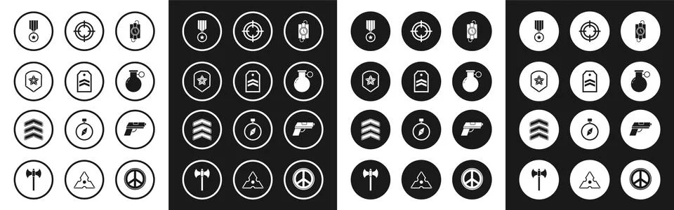 Set dynamite stick and timer clock, Chevron, Police badge, Military reward medal Illustrazione stock