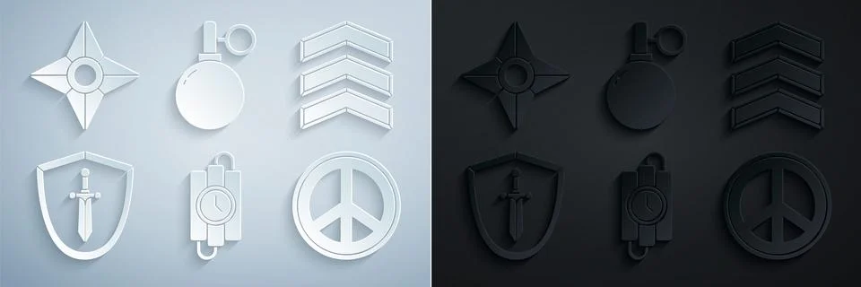 Set dynamite stick and timer clock, Military rank, Medieval shield with sword Illustrazione stock