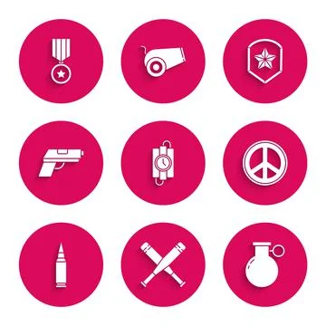 Set dynamite stick and timer clock, Crossed baseball bat, Hand grenade, Peace 스톡 일러스트