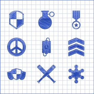 Set dynamite stick and timer clock, Crossed baseball bat, Police badge, Milit Stock Illustration