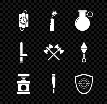 Set dynamite stick and timer clock, Dynamite bomb, Hand grenade, Handle det.. Stock Illustration