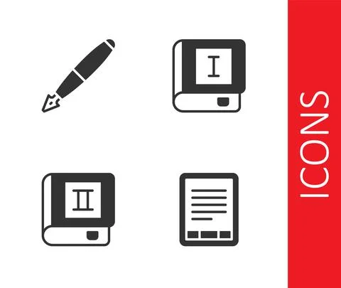 Set E-Book reader, Fountain pen nib, and icon. Vector Stock Illustration
