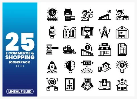Set of e-commerce and shopping lineal filled icons on a blue gradient backg.. Stock Illustration