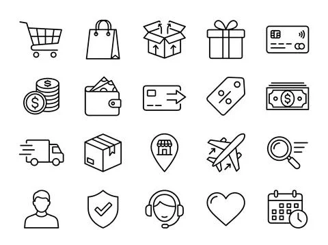Set of e-commerce and shopping icons in a clean outline style, featuring a .. Illustration