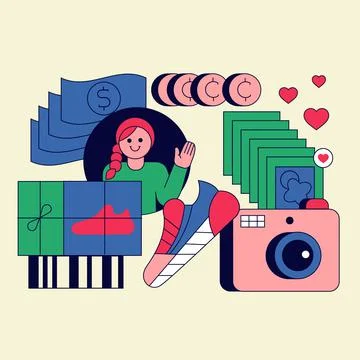 Set of e-commerce elements: barcode, money, girl avatar, photo camera, sneaker Stock Illustration