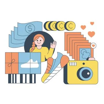 Set of e-commerce elements barcode, money, girl avatar, photo camera, sneaker Stock Illustration
