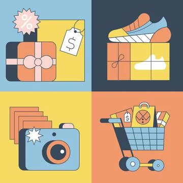 Set of e-commerce elements money, camera, sneaker, basket Stock Illustration