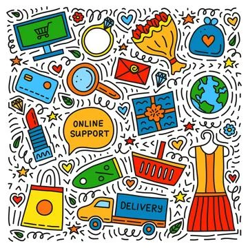 Set of e-commerce shopping doodles. Stock Illustration