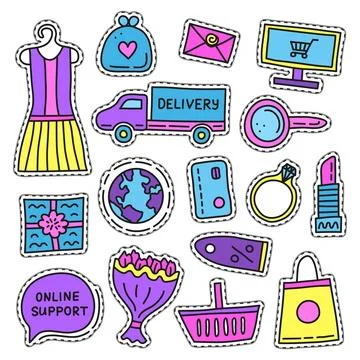 Set of e-commerce shopping stickers. Stock Illustration