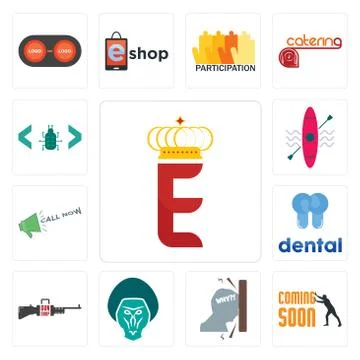 Set of e crown, soon, frustration, baboon, gun shop, dental, call now, kayak, Free Stock Illustration