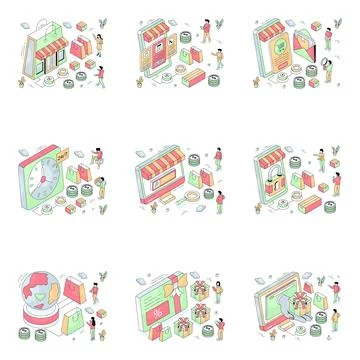 Set of E Shopping Isometric Illustrations Stock Illustration