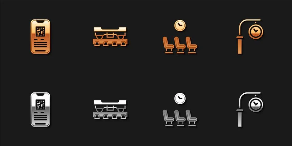 Set E-ticket train, Cargo wagon, Waiting room and Train station clock icon Stock Illustration