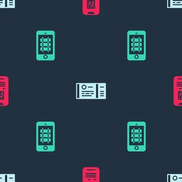 Set E-ticket train, Train and Buy online on seamless pattern. Vector Stock Illustration