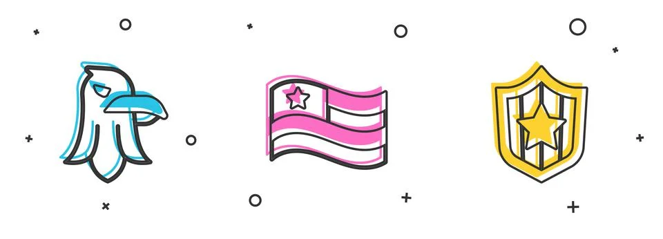 Set Eagle, American flag and Shield with stars icon. Vector 스톡 일러스트