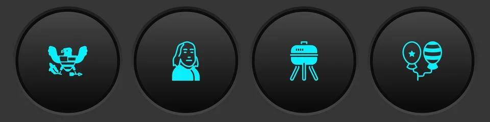 Set Eagle, Benjamin Franklin, Barbecue grill and Balloons icon. Vector Illustrazione stock