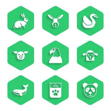 Set Eagle head, Bag of food, Cute panda face, Sheep, Whale, Pig, Swan bird and 스톡 일러스트