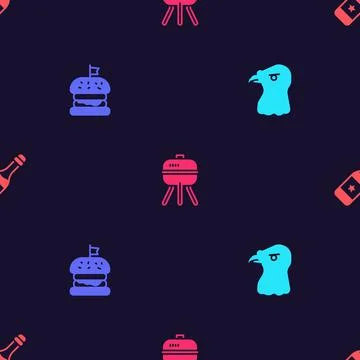 Set Eagle head, Burger, Barbecue grill and Champagne bottle on seamless pattern Stock Illustration