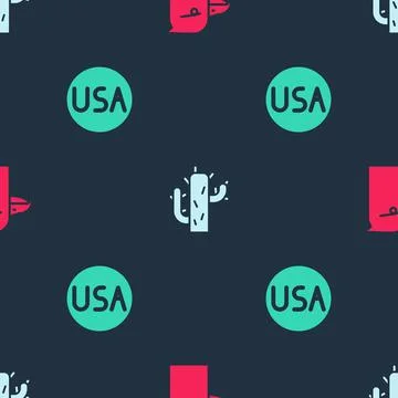 Set Eagle head, Cactus and USA label on seamless pattern. Vector Illustrazione stock