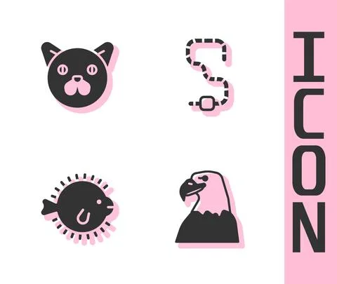 Set Eagle head, Cat, Puffer fish and Worm icon. Vector Illustrazione stock