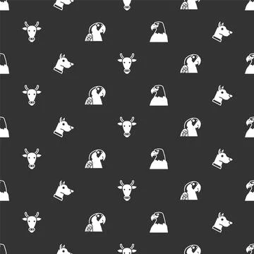 Set Eagle head, Dog, Cow and Macaw parrot on seamless pattern. Vector Stock Illustration