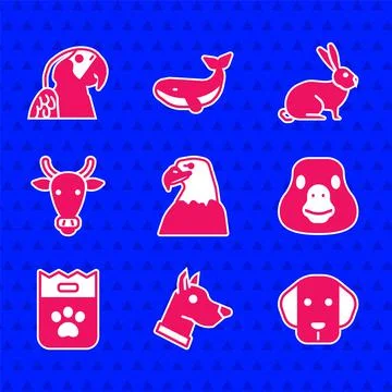Set Eagle head, Dog, Goose bird, Bag of food, Cow, Rabbit and Macaw parrot icon 스톡 일러스트