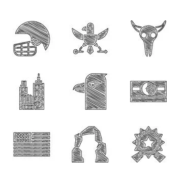 Set Eagle head, Grand canyon, Medal with star, Stacks paper money cash, American Ilustración de archivo