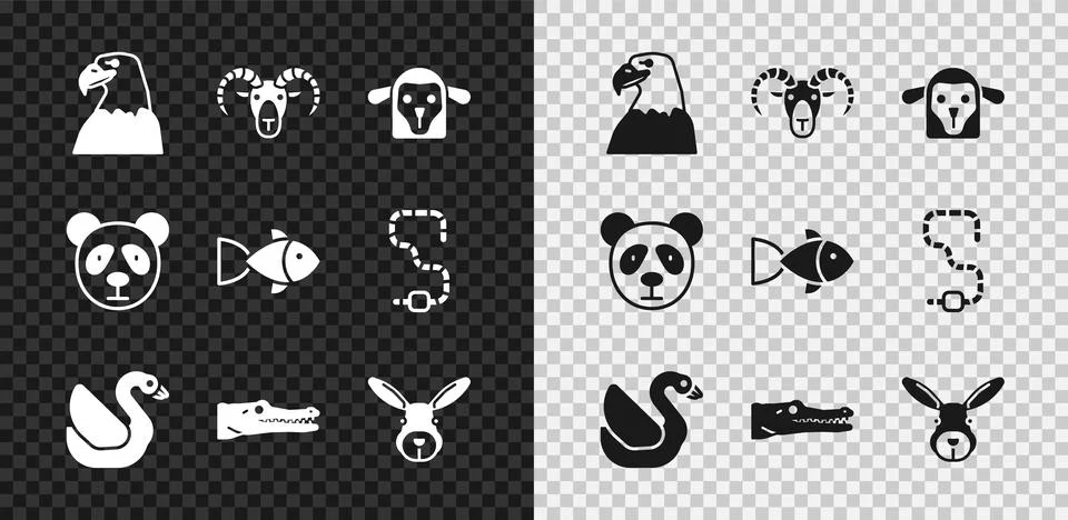 Set Eagle head, Head of goat or ram, Sheep, Swan bird, Crocodile, Rabbit, Cute Stock Illustration
