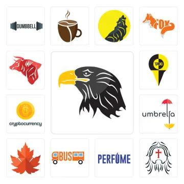 Set of eagle head, , maple leaf, umbrella, cryptocurrency, bull icons Free Stock Illustration