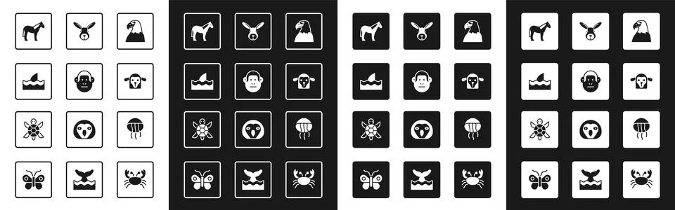 Set Eagle head, Monkey, Shark fin in ocean wave, Horse, Sheep, Rabbit, Jellyf Stock Illustration