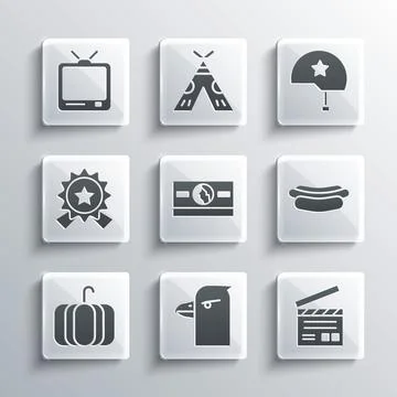 Set Eagle head, Movie clapper, Hotdog sandwich, Stacks paper money cash, Pumpkin Stock Illustration