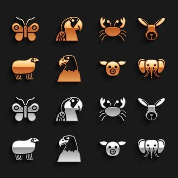 Set Eagle head, Rabbit, Elephant, Pig, Sheep, Crab, Butterfly and Macaw parrot Stockillustratie