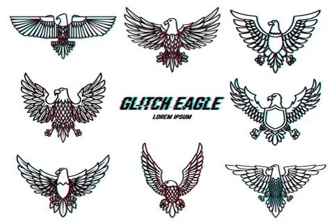 Set of eagle illustration in line style with glitch effect. Design element fo Illustrazione stock