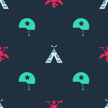 Set Eagle, Indian teepee or wigwam and Military helmet on seamless pattern Illustrazione stock